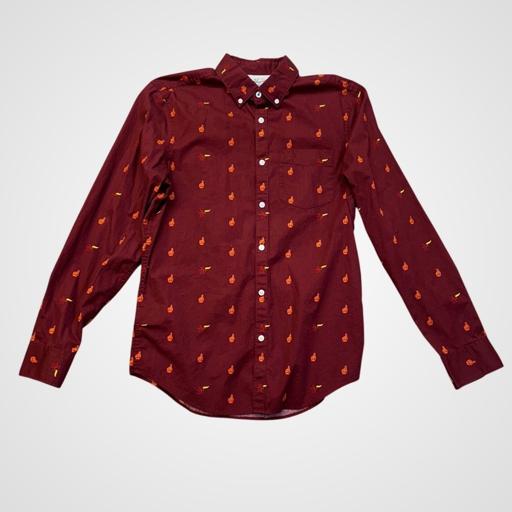 Original Penguin Button Down Men Small Burgundy Excellent Foam Finger Golf Print